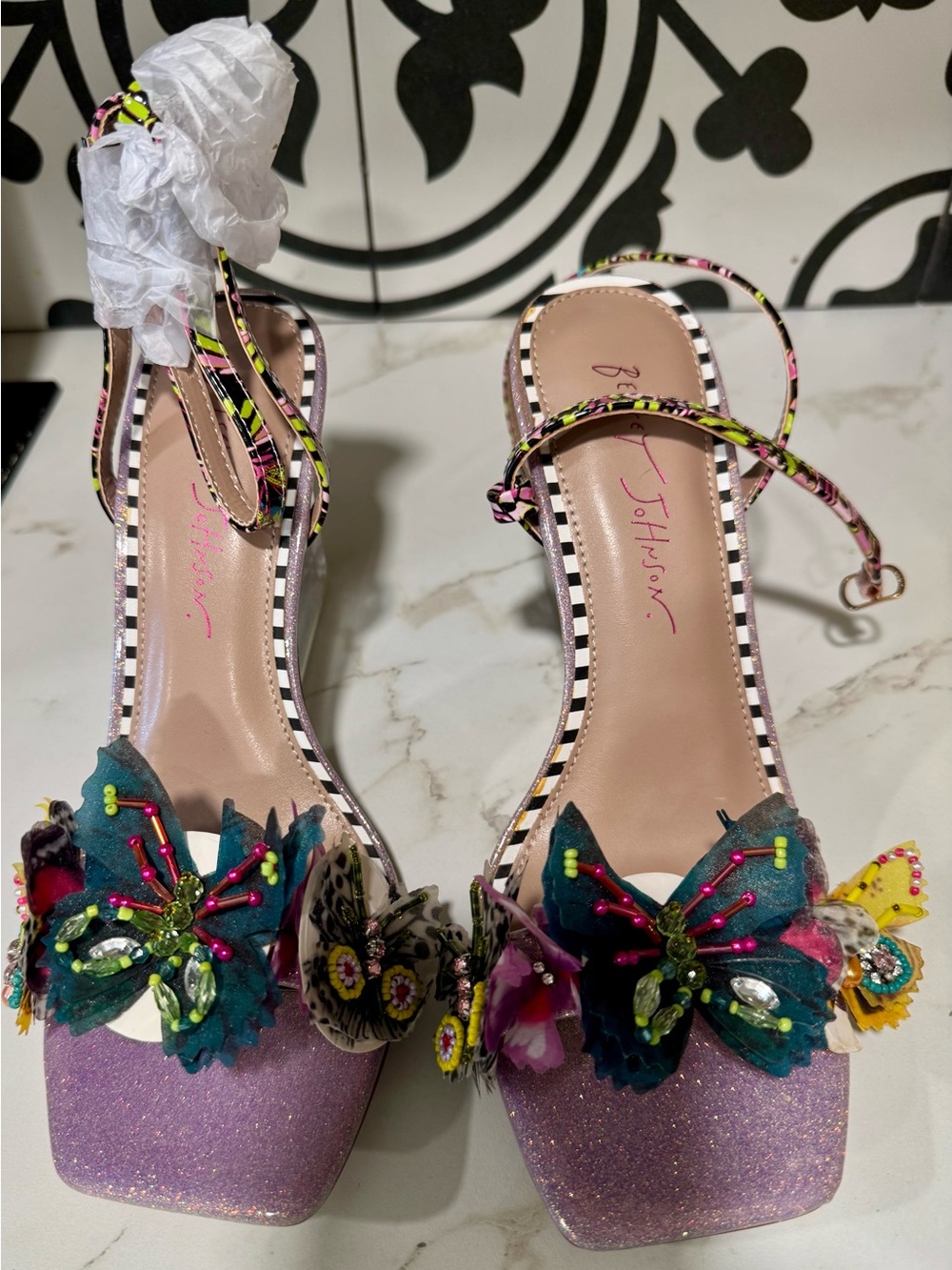 Betsey Johnson Purple Glitter Butterfly Embellished Wedge Sandals